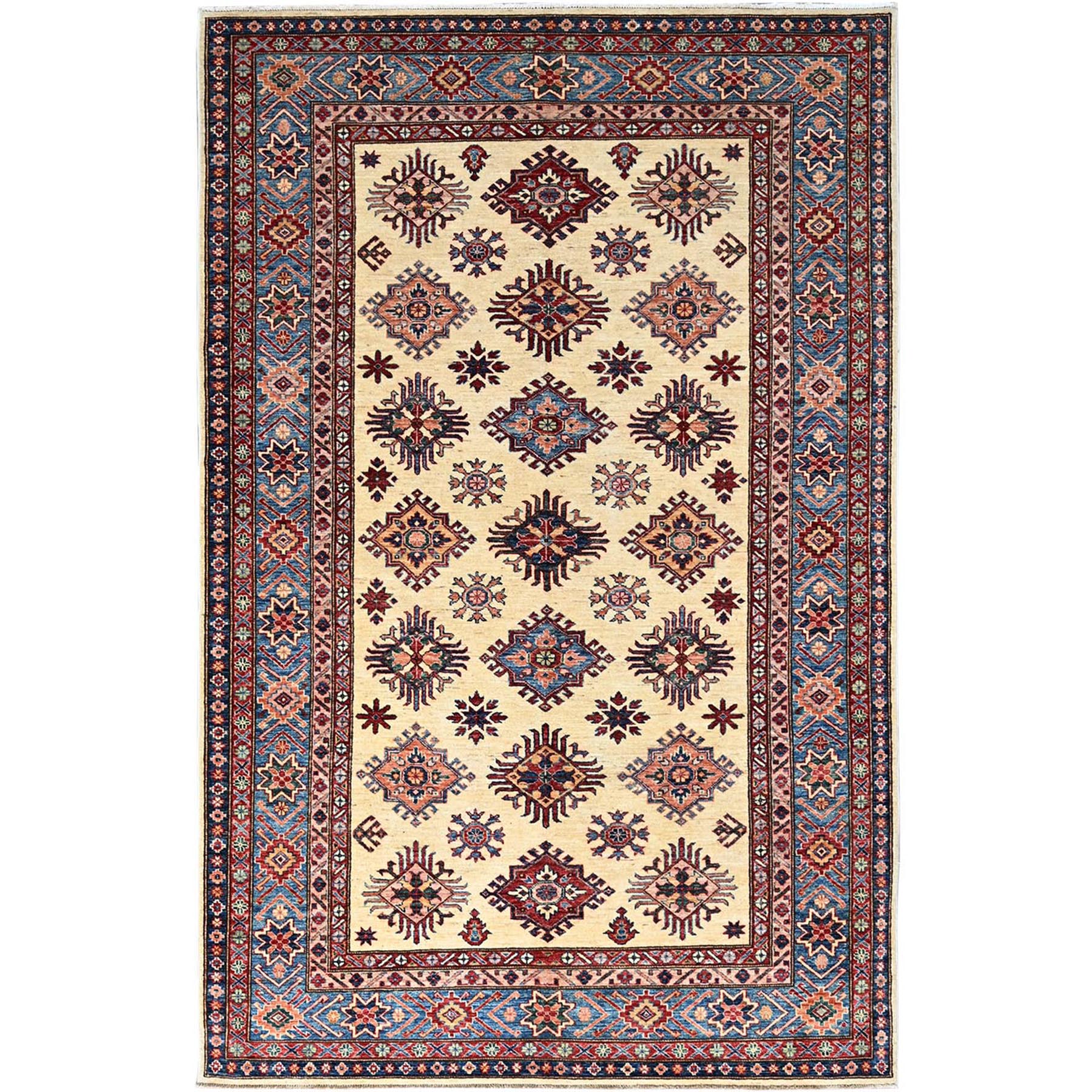 Heron White, Natural Dyes, Densely Woven Organic Wool, Hand Knotted Afghan Super Kazak Geometric Elements Oriental Rug